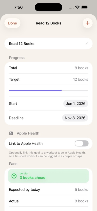 Pace screen showing whether a target by date is ahead or behind