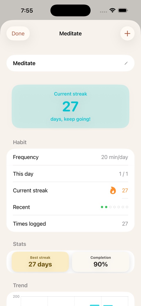 Meditate habit detail with a 27-day streak and completion stats