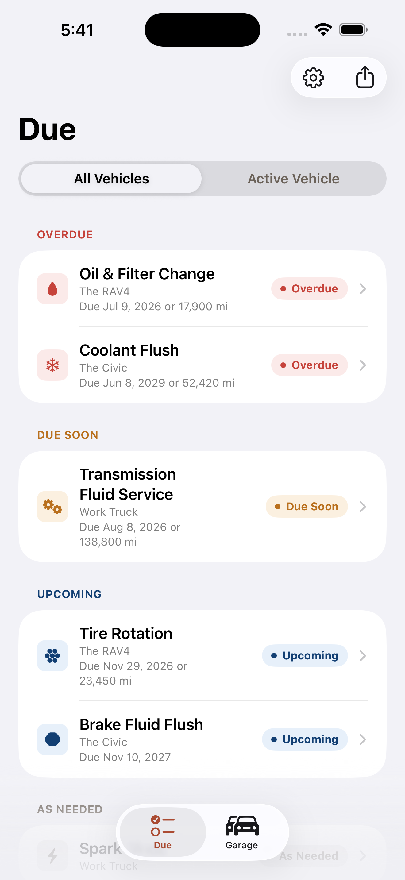 Roadworthy's Due dashboard, grouped by overdue, due soon, upcoming and as-needed