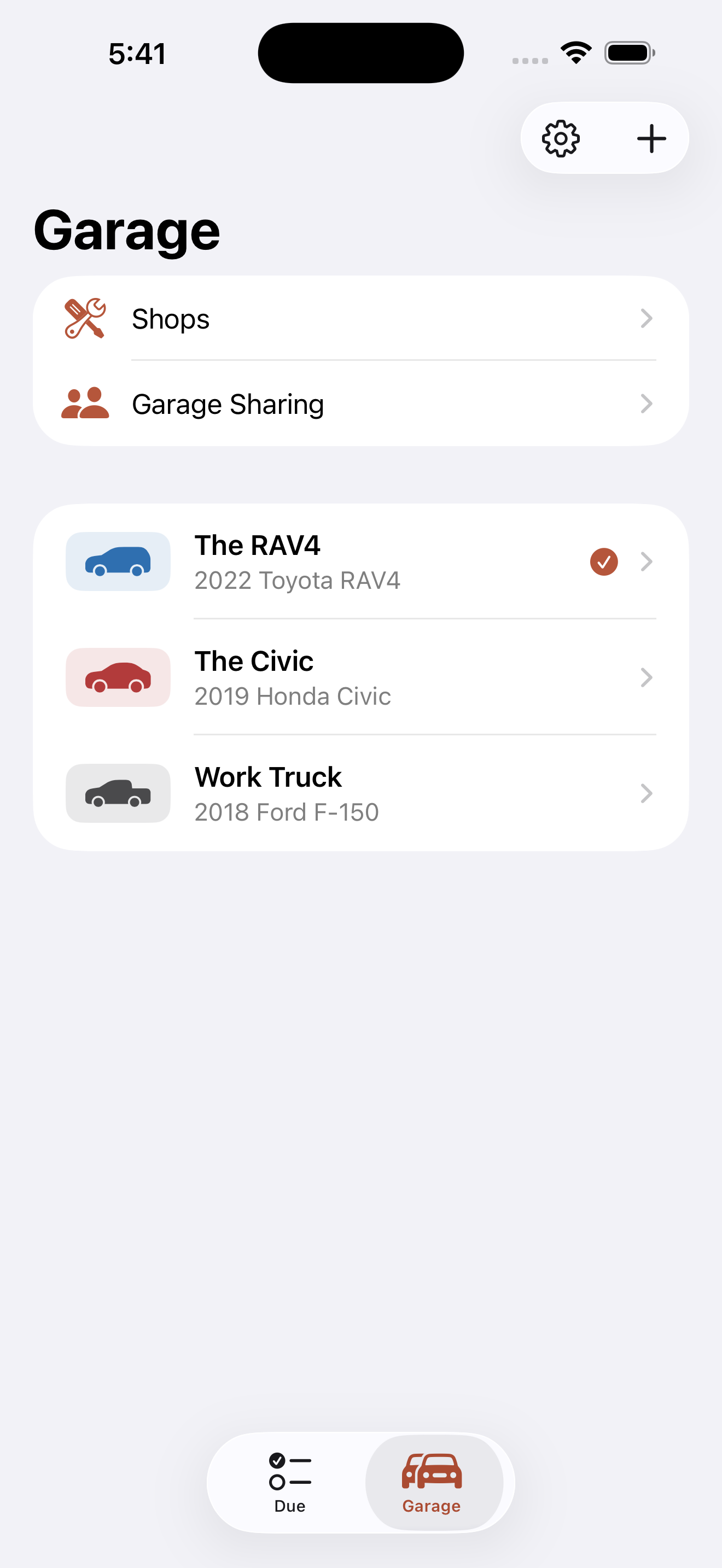 Roadworthy's Garage screen, listing every vehicle in one place