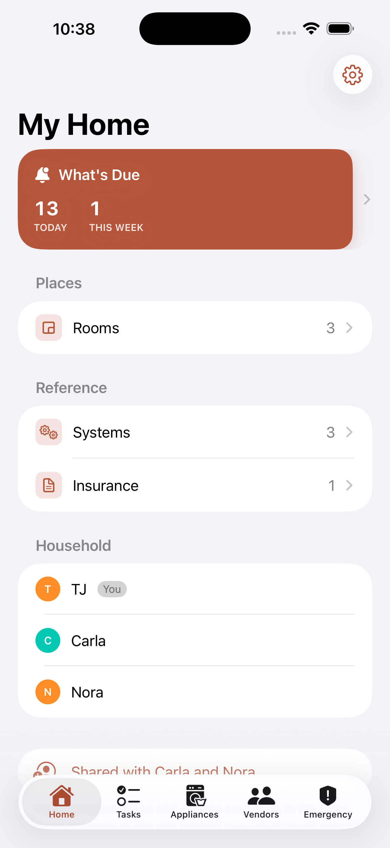 Steward's home hub, listing rooms and what each one is due for