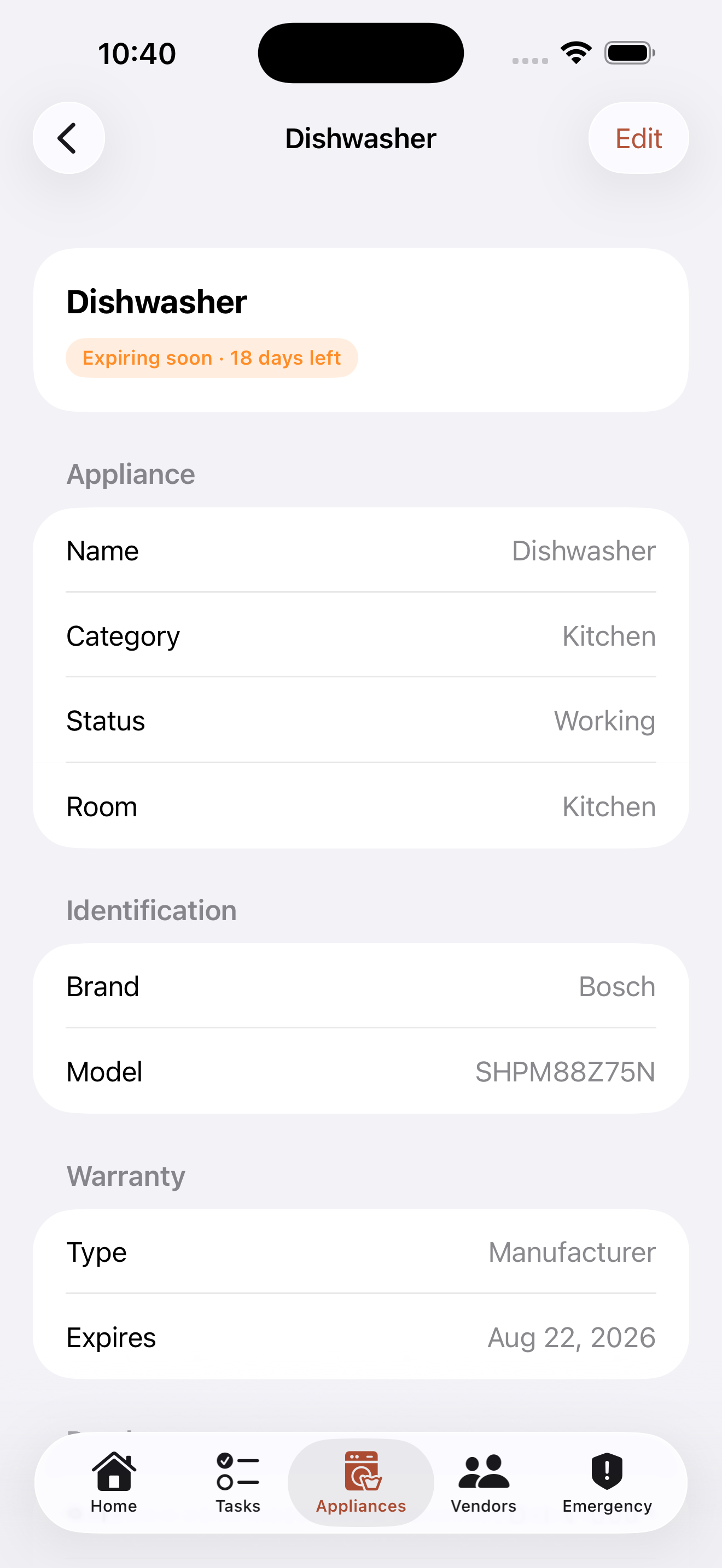 Appliance detail with model, warranty and cost history