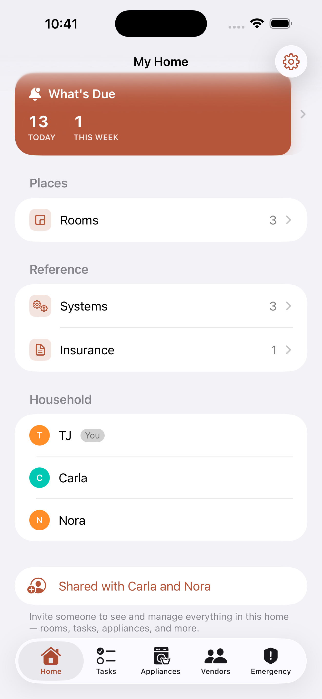 Household sharing screen showing invited family members