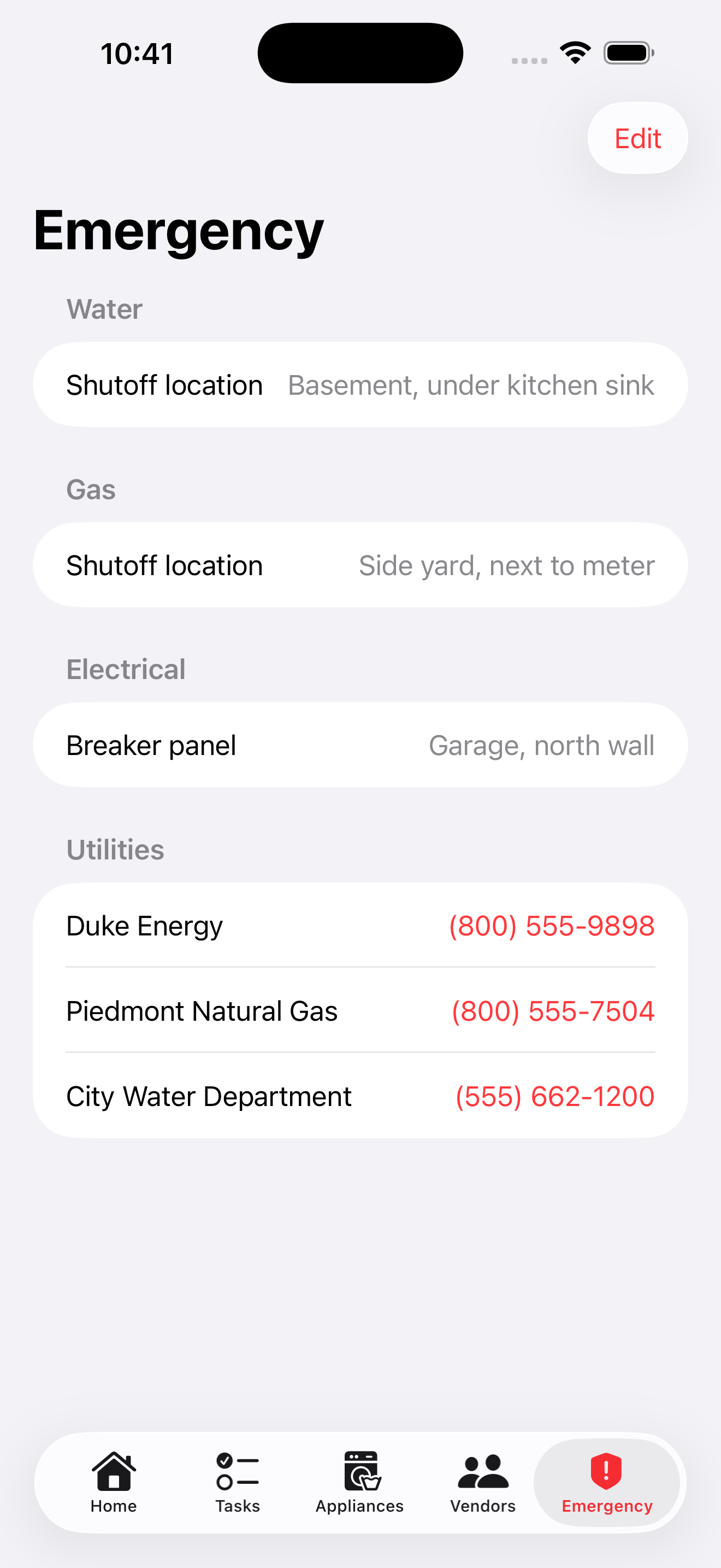 Emergency shutoffs and utility contacts